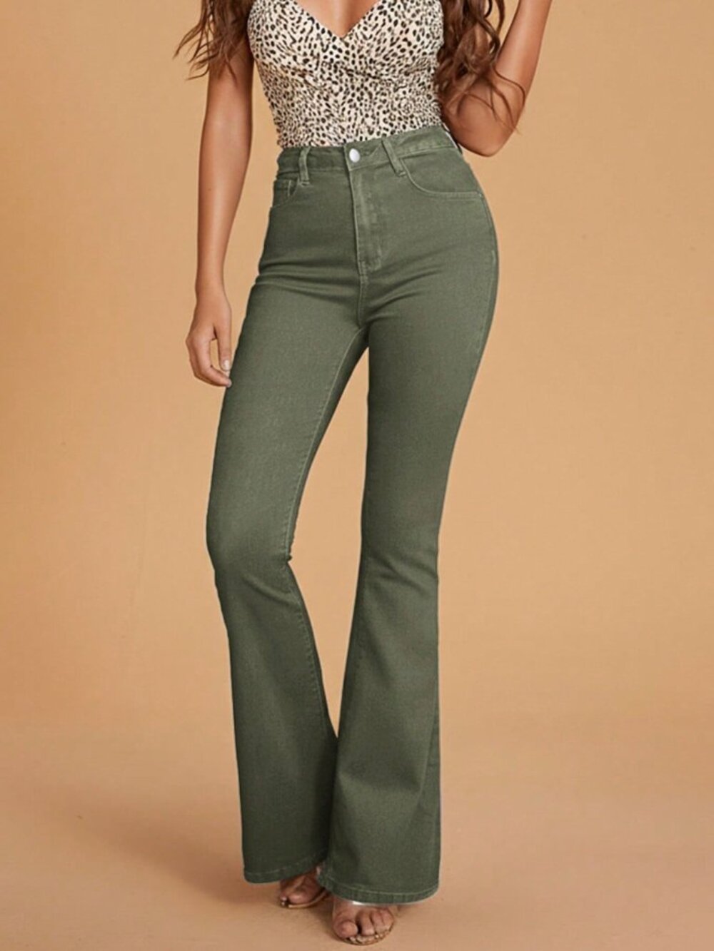 Army Green Casual Women's Washed High Waist Slim Fit Flare Leg Jeans